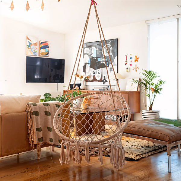 Courtyard Woven Hanging Basket, Hanging Cotton Rope Iron Ring Hanging Chair, Balcony Rocking Chair, Suitable for Indoor, Outdoor, Home, Balcony, Courtyard, Garden, Maximum Load Capacity: 200kg, Material: Iron Ring, Cotton Rope (No Include Cushion)