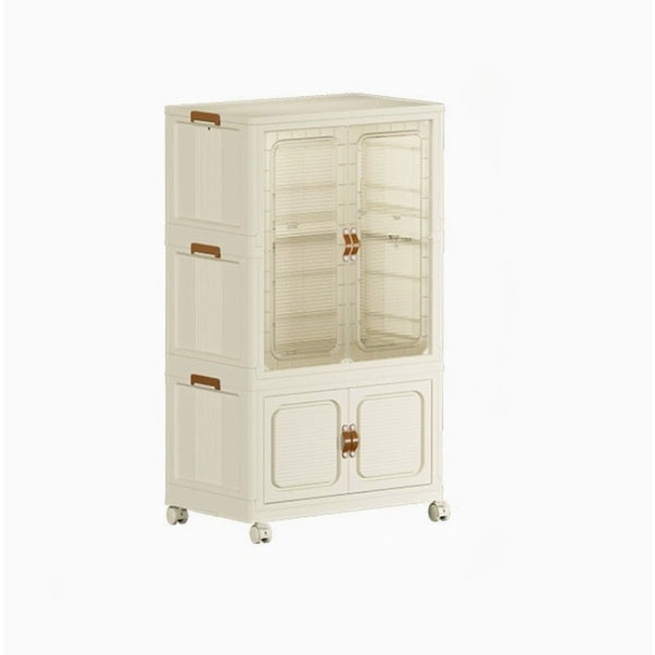 Modern Home Bedroom Armoires, Plastic Installation-Free Multipurpose Locker with Pulleys, Foldable Clothes Storage Cabinet for Living Room Bedroom or Cloakroom, Cream White