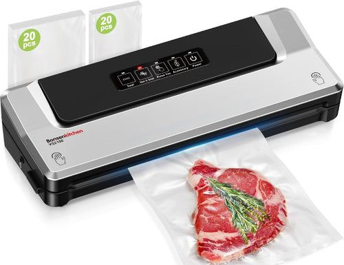 Bonsenkitchen Vacuum Sealer with 40 Vacuum Bags, Fast-Compact Vacuum Sealer Machine for Sous Vide Cooking and Food Stay Fresh up to 6X Longer (Silver)