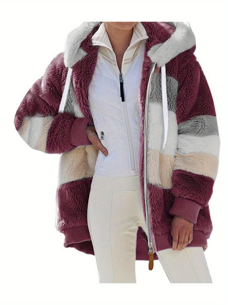 Women'S Faux Fur Shearling Fleece Jacket - Full-Zip Hooded Coat with Full-Length Zipper, Plush Fleece Lining, Purple & Winter Jacket for Cold Weather