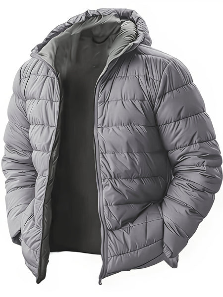 Men'S Outdoor Lightweight Thickened Hooded Windproof Quilted Solid Color Warm Coat