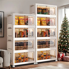 5-Tier Collapsible Plastic Storage Bins with Magnetic Doors & Wheels - Stackable High Quality Organizer, Transparent Tawny, Large Capacity (55.12x33.02x153.92cm) for Bedroom, Living Room, Kitchen, Entryway - Easy Tool-Free Assembly, Modern Aesthetic, Smoo