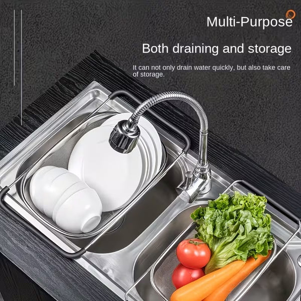 1pc, Sink Colander, Vegetable Sink Washing Basket, Fruit Drain Basket Rack, Stainless Steel Drain Basket, Strainer Basket, Adjustable Sink Rack, Multifunctional Colander, Kitchen Stuff, Kitchen Gadgets, Kitchen Accessories