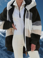 Women's Warm -Lined Hooded Winter Coat with Jacket - Brown & White Geometric/Striped Outer, Zippered Pockets, Machine Washable Casual Outerwear for Weather (Non-Stretch) | - Outer Jacket for women