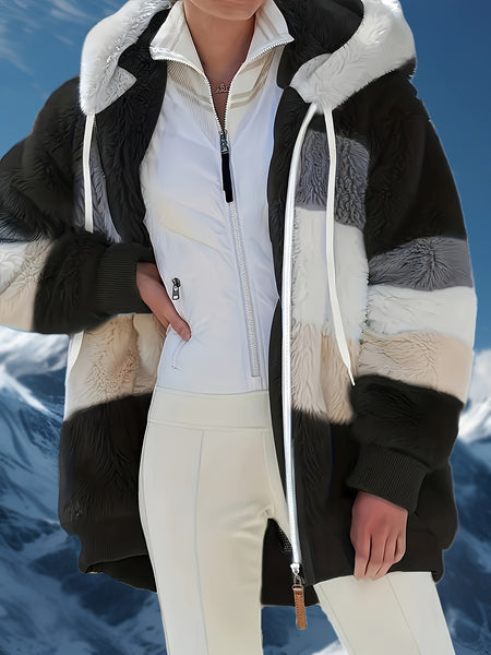 Women's Warm -Lined Hooded Winter Coat with Jacket - Brown & White Geometric/Striped Outer, Zippered Pockets, Machine Washable Casual Outerwear for Weather (Non-Stretch) | - Outer Jacket for women