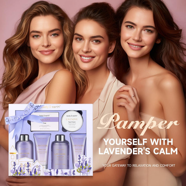 BODY & EARTH Bath Spa Gift Set for Women, Shower Gift Sets, 6Pcs Lavender Toiletries Gift Sets for Women, Luxurious Pamper Gifts for Women Birthday Gifts for Her Ladies Gift Sets Valentine'S Gifts