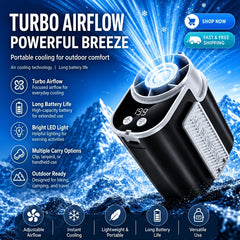 Wearable Belt Fan AI Intelligent Clip On Fan with Strong Wind Power And Silent Operation. Built In LED Flashlight Suitable for Camping, Hiking, And Night Patrols. Designed Specifically for Outdoor Enthusiasts And Night Shift Workers
