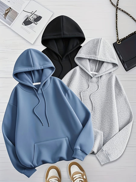 Women's Solid Color 3pcs Set Hooded Sweatshirt with Kangaroo Pocket and Drawstring Hood