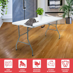 5ft 1.5m Heavy Duty Folding Table, Folding Camping Table with Handles for Outdoor & Indoor Use for BBQ, Picnic, Garden and Office Party