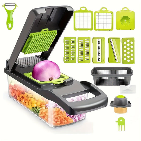A Versatile Kitchen Gadget That Offers 16 Functions for Making Salads, Fruits, And Vegetables, Featuring Tools Like a Peeler, Cutter, Slicer, Dicer, And Chopper