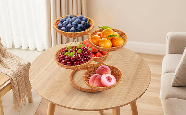 Multi-Layer Fruit Basket Stand, Creative Snack & Bread Storage Tray, Faux Rattan Handwoven Serving Basket for Fruits, Vegetables & Desserts, Lightweight Decorative Organizer for Kitchen & Living Room