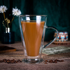 Vinsani Double Walled Coffee Drink Glasses Tea Cup Mug Heat Cold Resistant Aesthetic Clear Borosilicate Glass with Handle Cappuccino Latte Tea Dessert Hot and Cold Drinks