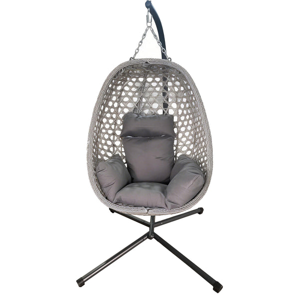 Garden Patio Swing Hanging Chair Hammock With Steel Stand Cushion Rattan Folded Dark Grey