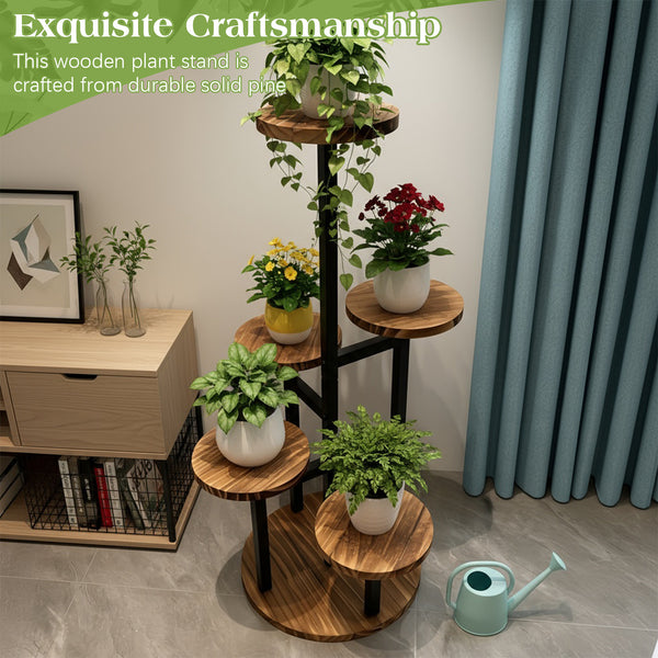 1 6-Tier Plant Stand with Wide Tray & Corner Pot Holder - Heavy-Duty Wood & Iron Multi-Tier Flower Display Shelf Suitable for /Outdoor Use, Space-Saving Step Shelves with Plant Display (Balcony,,)