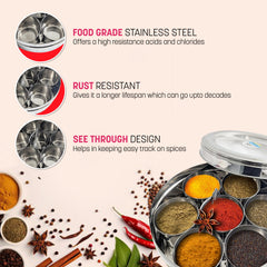 Masala Dabba (Spice Box) | Authentic Indian Style Stainless Steel Masala Dabba | with 7 Removable Compartments & 2 Spoons | See through Lid |