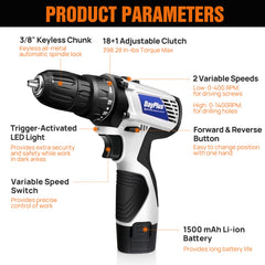 Cordless Drill Driver Power Combi Drill Kit Electric Screwdriver Set with 2-Speed, 18+1 Torque 3/8
