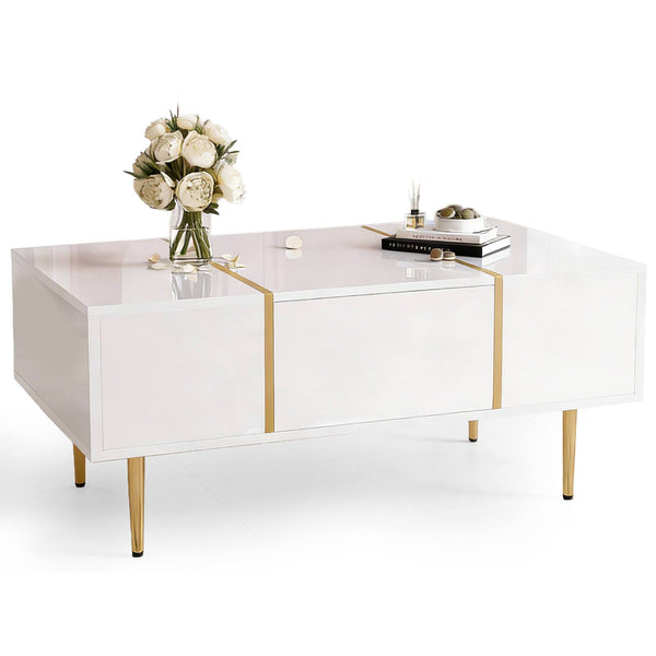 Modern Simple White High-gloss Coffee Table - 2 Drawers Storage Design For Small Space And Home Decor