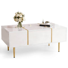 Modern Simple White High-gloss Coffee Table - 2 Drawers Storage Design For Small Space And Home Decor