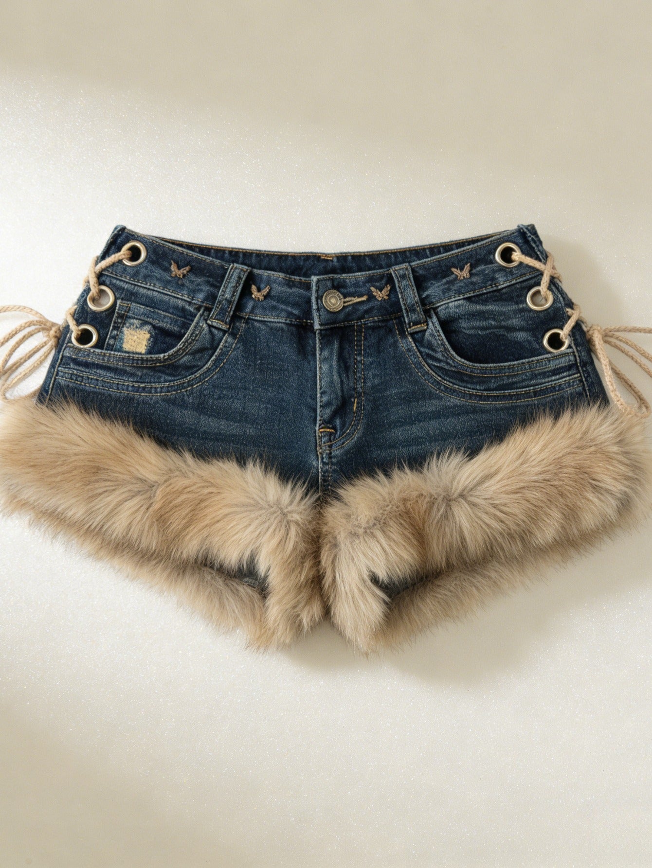 2026 New Y2K Millennial Spicy Jeans, American High Street Fuzzy Patchwork, Low Waist Hot Pants, Trendy for Autumn Winter Wear