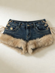 2026 New Y2K Millennial Spicy Jeans, American High Street Fuzzy Patchwork, Low Waist Hot Pants, Trendy for Autumn Winter Wear