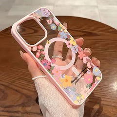 Pink Floral Magnetic Wireless Charging Anti-Drop Light Beige Case, Compatible with iPhone 16 Pro Max/15/14 Plus/13/12/11& Samsung Galaxy A56/A55/A54/A36/A35/A26/A25/A16/A15/A06/S25 Ultra/S24 FE/S23 Plus/S22