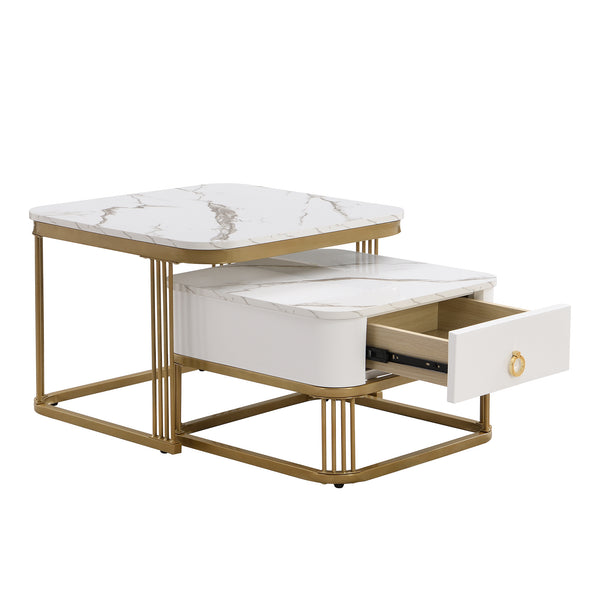 Modern Pedestal Base Space Saving Coffee Table Set of Two, Engineered Wood and Artificial Board Construction, Hardwood, Black Finish, High Gloss Stone Table Top, Metal Golden Accents, with Drawer, Without Electricity, Battery Free.