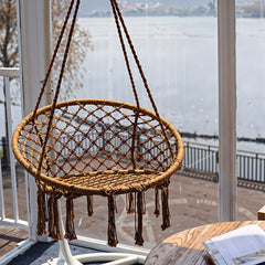 Courtyard Woven Hanging Basket, Hanging Cotton Rope Iron Ring Hanging Chair, Balcony Rocking Chair, Suitable for Indoor, Outdoor, Home, Balcony, Courtyard, Garden, Maximum Load Capacity: 200kg, Material: Iron Ring, Cotton Rope (No Include Cushion)