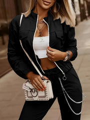 Cross-Border Women'S Two-Piece Set Zipper Long-Sleeved Top Pants Stitching Zipper Design Casual Suit