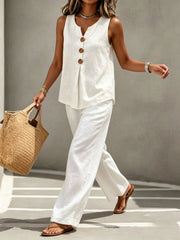 Spring Summer Women's Matching 2pcs Sets, V-Neck Sleeveless Button Top & Flowy Wide Leg Pants, Casual Resort Style Loungewear, Perfect for Summer Holiday, Staycation & Casual Outings, Holiday Essential