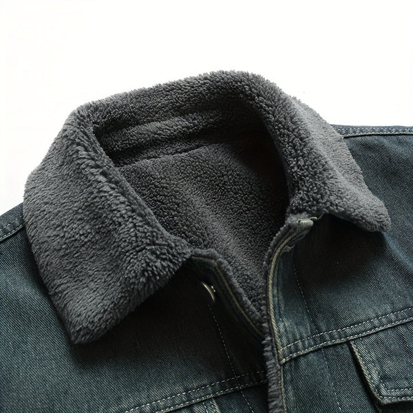 Winter Fleece Warm Denim Jacket Washed with Vintage Style