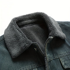 Winter Fleece Warm Denim Jacket Washed with Vintage Style