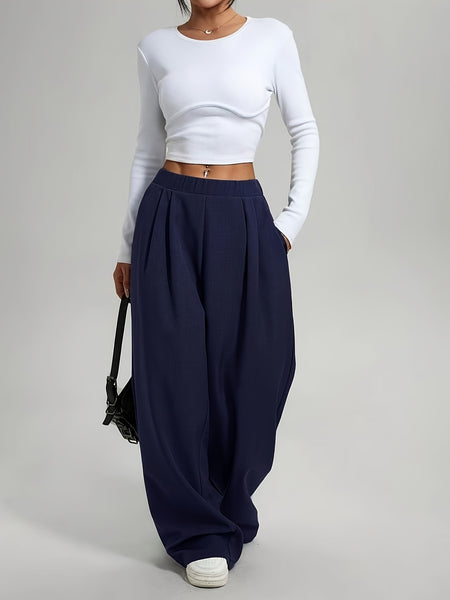 2pcs Women'S Wide-Leg Pants - High-Waisted, Elastic Waistband, Solid Color (Pink & Navy Blue), Loose Fit, Comfortable for Spring/Summer/Fall, Casual & Elegant Style, Allseason Pants | Highwaisted Pants | Elastic Waistband Pants