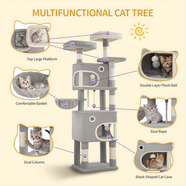 HZUANERI 180cm Multi-Level Cat Tree with 8 Scratching Posts, 3 Platforms, 2 Dens, Basket & Plush Balls - Durable Sisal Rope for Indoor Cats of All Sizes, Space-Saving Design for Climbing, Resting & Play, Cat Climbing Tower, Pet Activity Center, Modern Pet