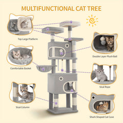 HZUANERI 180cm Multi-Level Cat Tree with 8 Scratching Posts, 3 Platforms, 2 Dens, Basket & Plush Balls - Durable Sisal Rope for Indoor Cats of All Sizes, Space-Saving Design for Climbing, Resting & Play, Cat Climbing Tower, Pet Activity Center, Modern Pet