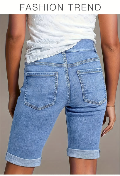 Women'S 2026 Summer New Stretchy High-Waisted Tummy Control Denim Shorts, Light Blue Washed with Pockets Slim-Fit Cuffed Casual Shorts, Comfortable Spring/Summer Ladies' Jeans Pants for Travel And Work - Boyfriend-Style Shorts
