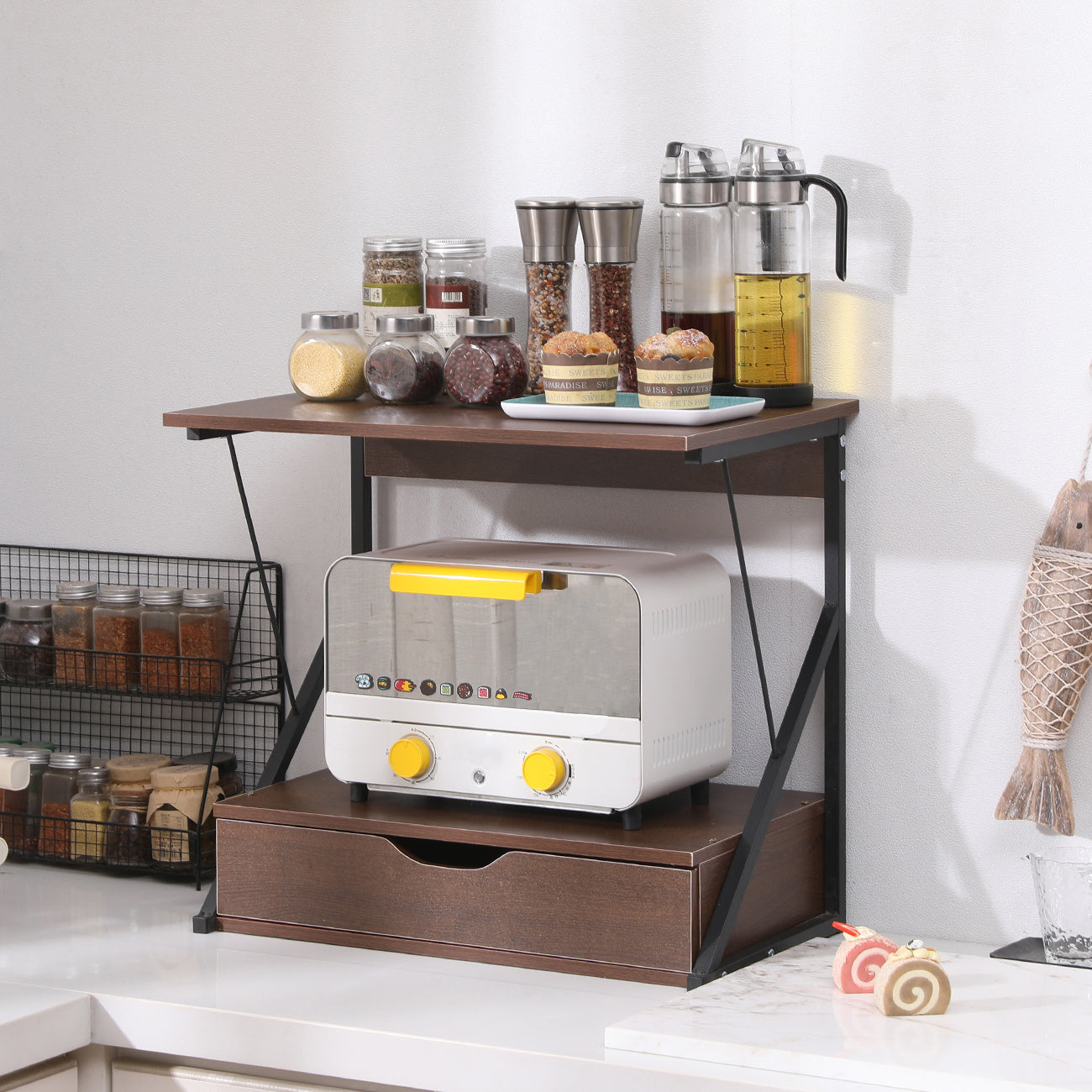 Microwave Oven Shelf Stand with Drawer, 2-Tier Kitchen Countertop Storage Rack Spices Rack Freestanding, Home Office Printer Stand Multifunctional Unit Shelving Wood Top Metal Frame