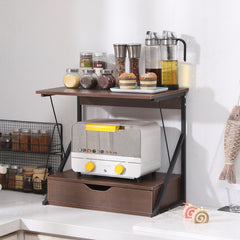 Microwave Oven Shelf Stand with Drawer, 2-Tier Kitchen Countertop Storage Rack Spices Rack Freestanding, Home Office Printer Stand Multifunctional Unit Shelving Wood Top Metal Frame