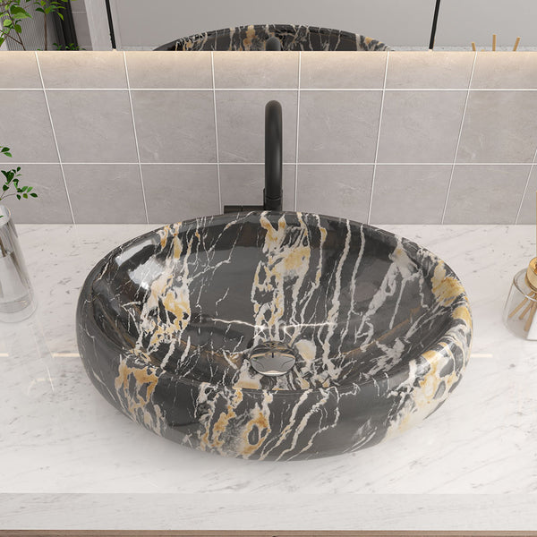 1pc Countertop Bathroom Sink, Black Marble Texture Oval Ceramic Wash Basin, Porcelain Ceramic Vessel Vanity Sink for Vanity Cabinet Cloakroom, Laundry Room, Bathroom, Washroom, 48x34x14cm