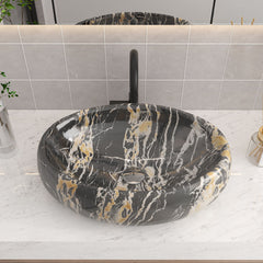 1pc Countertop Bathroom Sink, Black Marble Texture Oval Ceramic Wash Basin, Porcelain Ceramic Vessel Vanity Sink for Vanity Cabinet Cloakroom, Laundry Room, Bathroom, Washroom, 48x34x14cm