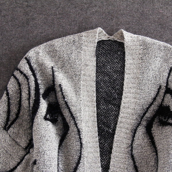 Women'S Abstract Batwing Sleeve Cardigan Sweater - High Neck & Contrast with Greyish- Tones, Mid-Length Casual Winter Fall Jacket, Cozy Character Pattern Design for Layering, Semi-Formal & Casual Attire, Cardigan Sweaters for Women