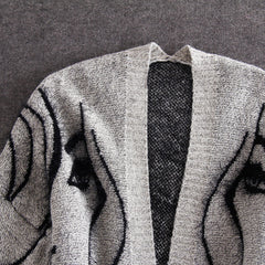 Women'S Abstract Batwing Sleeve Cardigan Sweater - High Neck & Contrast with Greyish- Tones, Mid-Length Casual Winter Fall Jacket, Cozy Character Pattern Design for Layering, Semi-Formal & Casual Attire, Cardigan Sweaters for Women