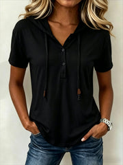 Women's Lightweight Hooded T-Shirt, Short Sleeve Henley V-Neck Top for Summer