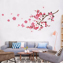 2PCS Pink Blossom Tree Flower Wall Stickers Vinyl Art Decals Glossy Polyvinyl Wall Sticker for Bedroom, Living Room, Bathroom Decor