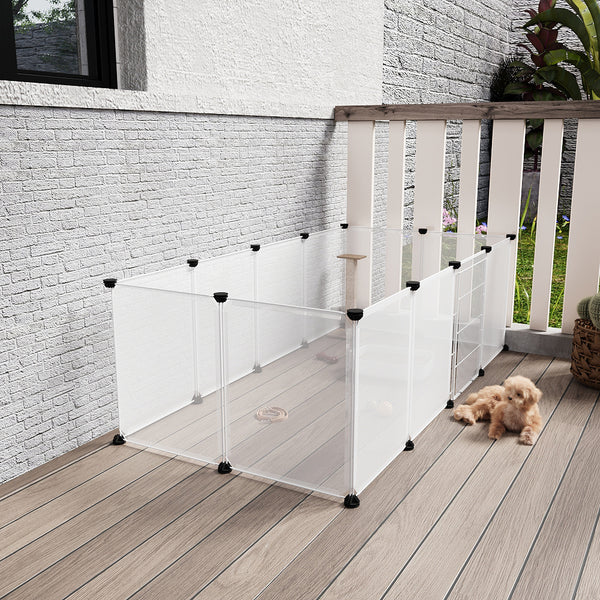 Transparent Plastic Dog Fence with Door Frame, 12-Panel Clear Plastic Dog Playpen with Door Frame, Modular Pet Fence System, Small/Medium Dog Pen with Convenient Access Gate for Indoor Use, Ideal for Home Indoor Use Like Living Room, Bedroom, 149x70x45cm