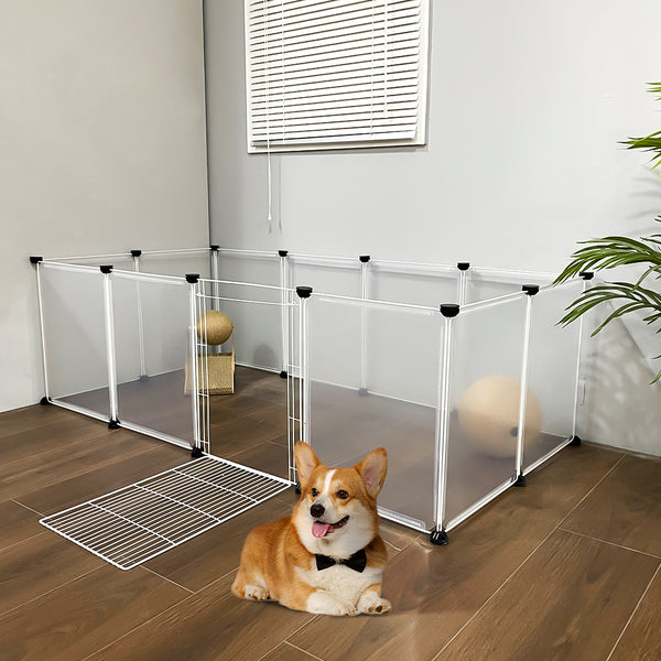 Transparent Plastic Dog Fence with Door Frame, 12-Panel Clear Plastic Dog Playpen with Door Frame, Modular Pet Fence System, Small/Medium Dog Pen with Convenient Access Gate for Indoor Use, Ideal for Home Indoor Use Like Living Room, Bedroom, 149x70x45cm