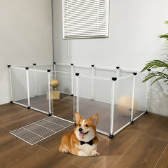 Transparent Plastic Dog Fence with Door Frame, 12-Panel Clear Plastic Dog Playpen with Door Frame, Modular Pet Fence System, Small/Medium Dog Pen with Convenient Access Gate for Indoor Use, Ideal for Home Indoor Use Like Living Room, Bedroom, 149x70x45cm