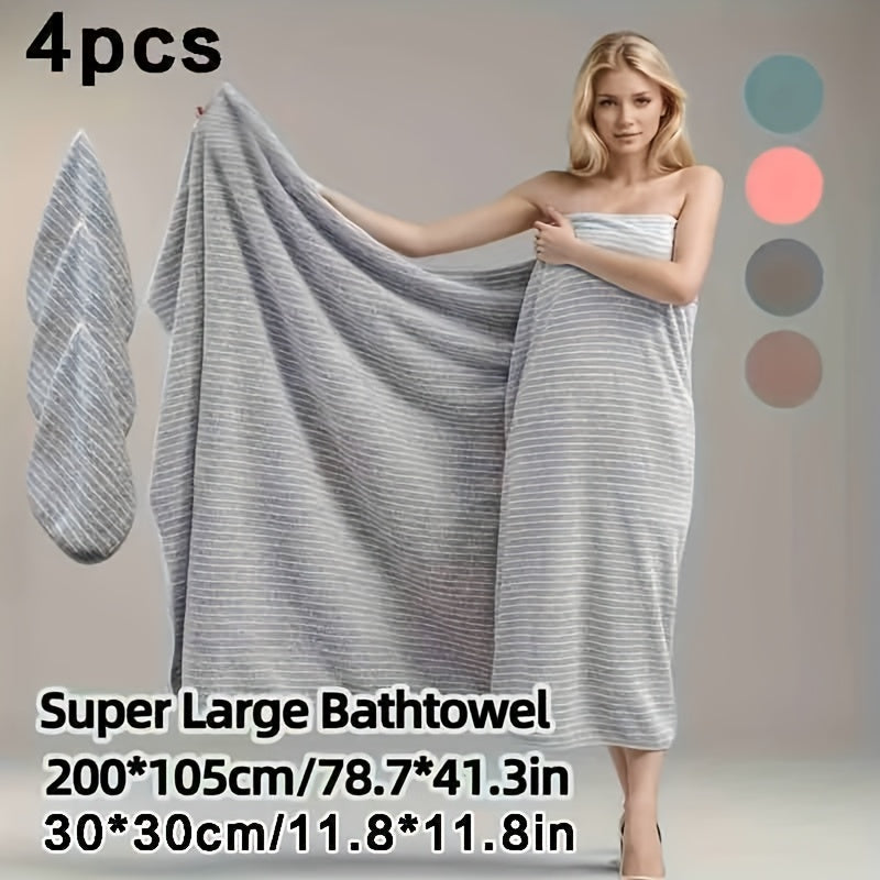 4pcs Extra Large Bath Towel Set with Star Stripes, Full Body Wrap Towel, Face Towel, and Hair Towel - 1pc Extra Soft Coral Fleece Bath Towel (200x105cm) + 3pcs Square Towels (30x30cm), Quick-Dry, Lint-Free, Durable - Ideal for Home, Beach, Outdoor Use - P