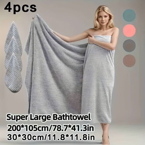 4pcs Extra Large Bath Towel Set with Star Stripes, Full Body Wrap Towel, Face Towel, and Hair Towel - 1pc Extra Soft Coral Fleece Bath Towel (200x105cm) + 3pcs Square Towels (30x30cm), Quick-Dry, Lint-Free, Durable - Ideal for Home, Beach, Outdoor Use - P