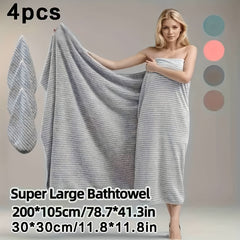 4pcs Extra Large Bath Towel Set with Star Stripes, Full Body Wrap Towel, Face Towel, and Hair Towel - 1pc Extra Soft Coral Fleece Bath Towel (200x105cm) + 3pcs Square Towels (30x30cm), Quick-Dry, Lint-Free, Durable - Ideal for Home, Beach, Outdoor Use - P