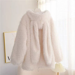 Imitation coat Women's cardigan 2025 autumn and winter new cute rabbit ears loose thickened furry sweater